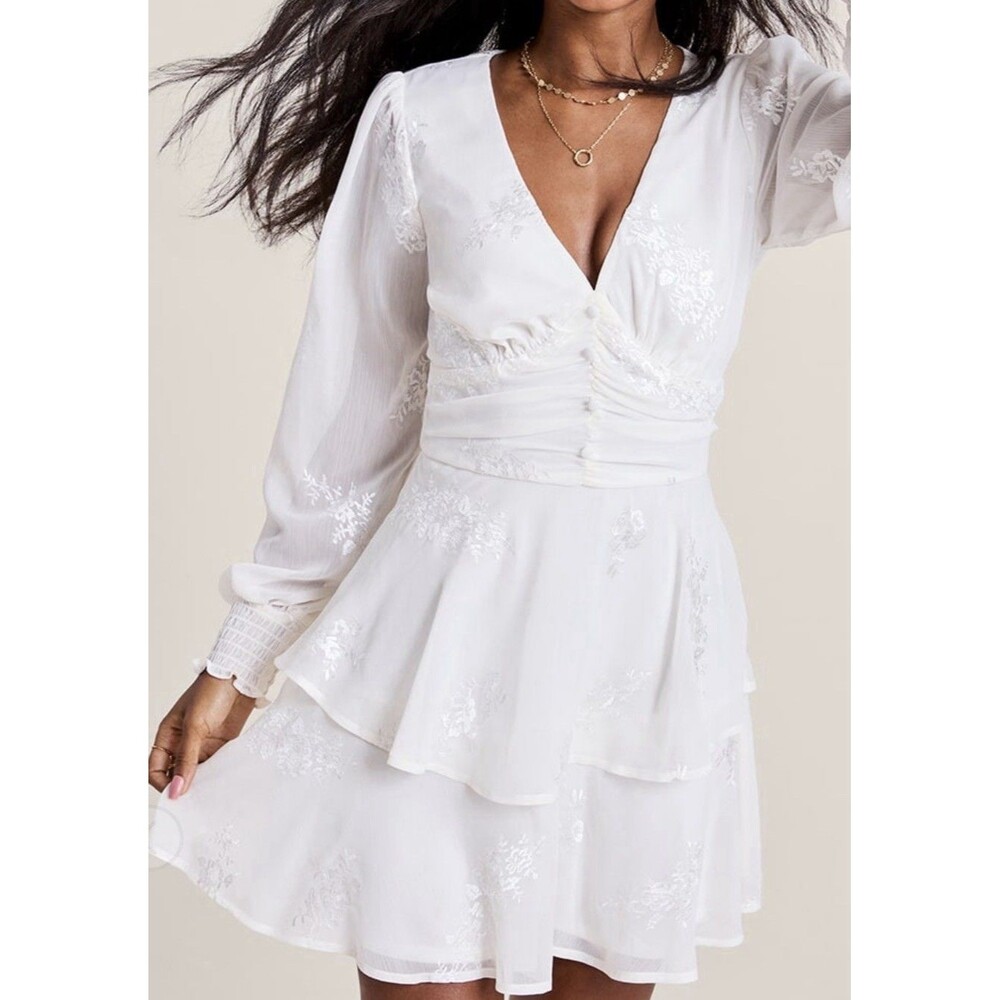 francesca's Ivory Floral Chiffon Kathy Embroidered Tiered Mini Dress Size S.